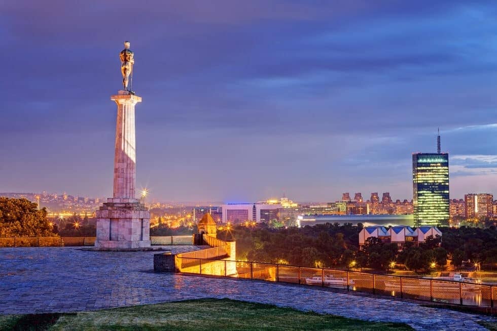 Belgrade Riverfront Skyline with travel context for Vacation Travel Innovation.